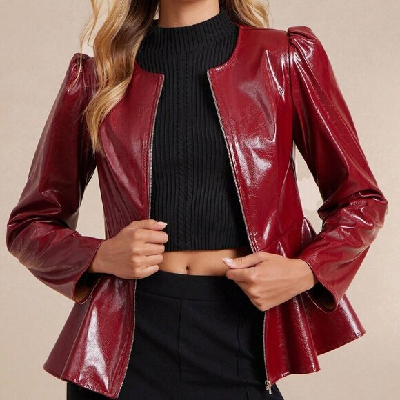 BURGUNDY FAUX LEATHER ZIP UP PUFF SLEEVE FLARED RUFFLED HEM JACKET - Picture 4 of 7